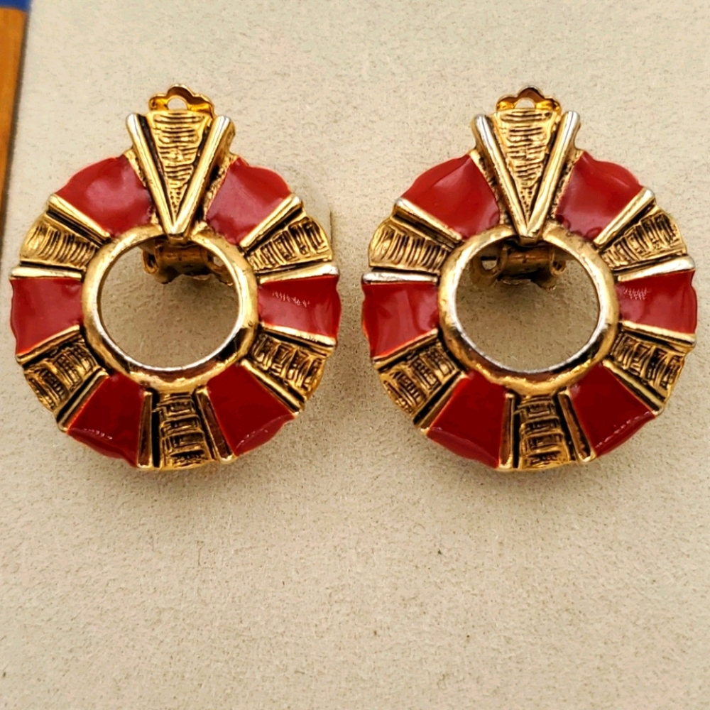 Gold Tone & Red Enamel Vintage Clip On Earrings